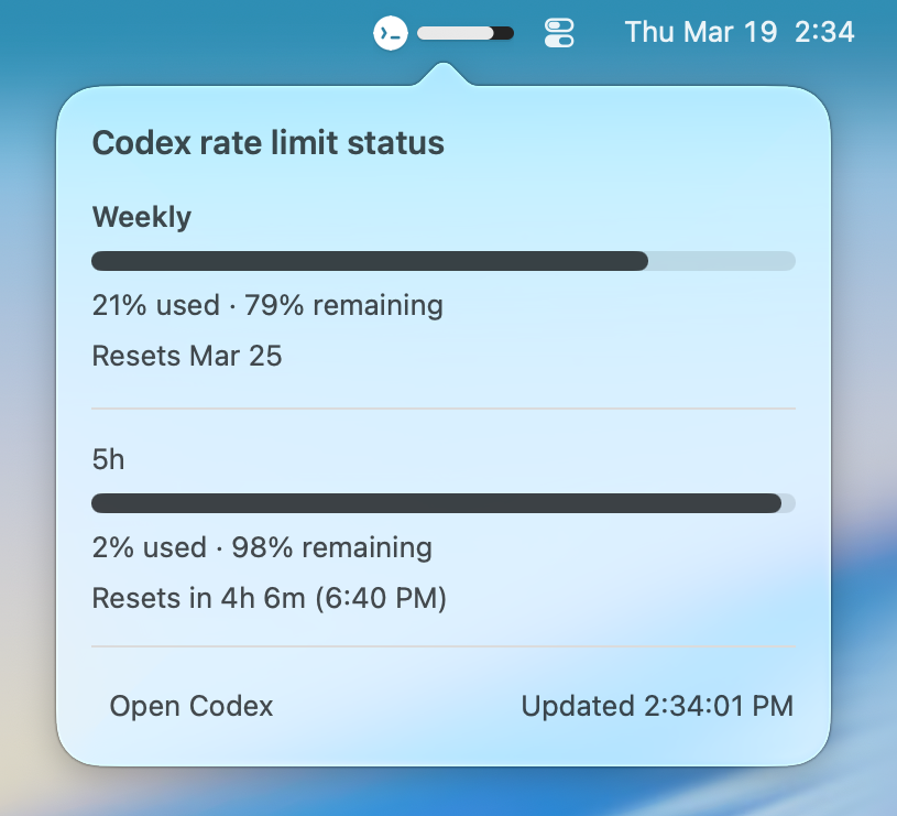 Codex Toolbar showing rate-limit status in the macOS menu bar and popover.